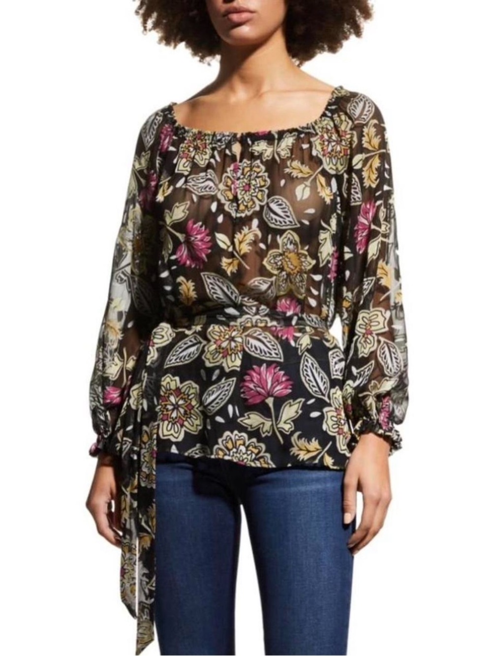 rag & bone Black Sheer Floral Tie-Waist Blouse